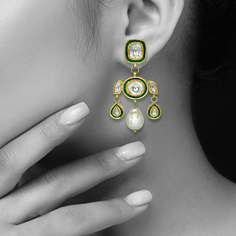 Polki Earrings with Green Enamel, Teardrops, and Pearl Drops